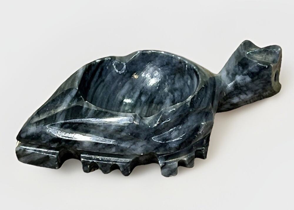 Hand Carved Zebra Jasper Turtle Ashtray Polished Stone Figurine